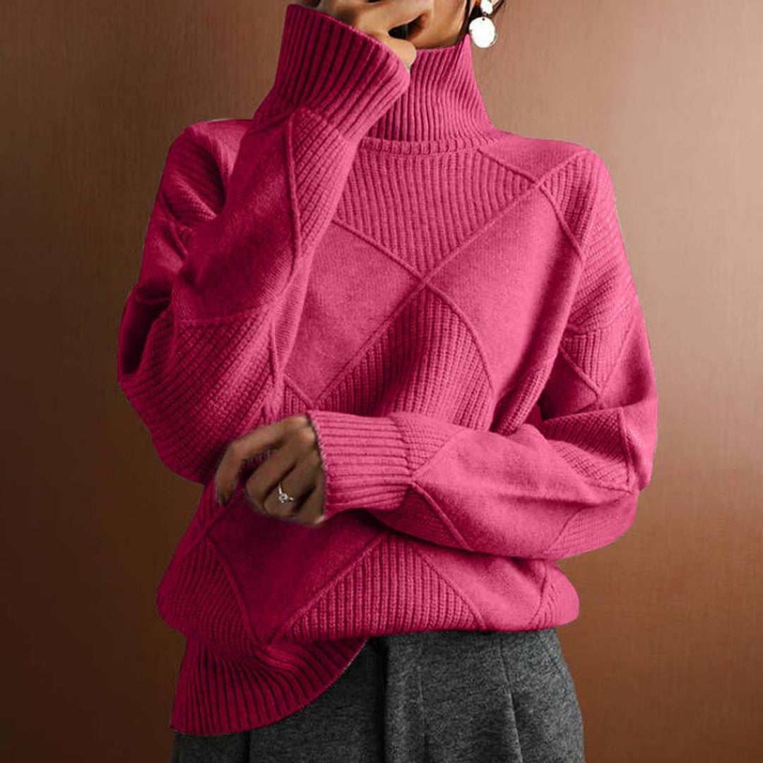 Women's Argyle Knit Turtleneck Sweater Relaxed Pullover - Pink
