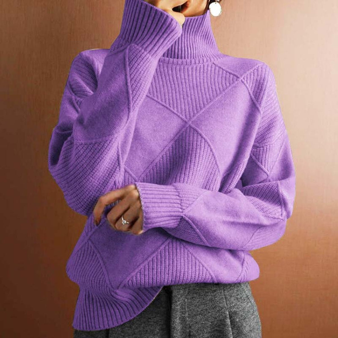 Women's Argyle Knit Turtleneck Sweater Relaxed Pullover - Light Purple
