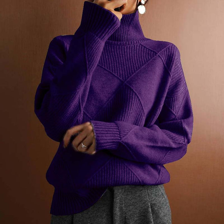 Women's Argyle Knit Turtleneck Sweater Relaxed Pullover - Dark Purple