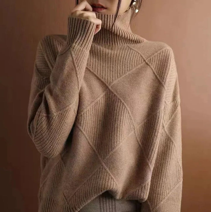 Women's Argyle Knit Turtleneck Sweater Relaxed Pullover - Brown