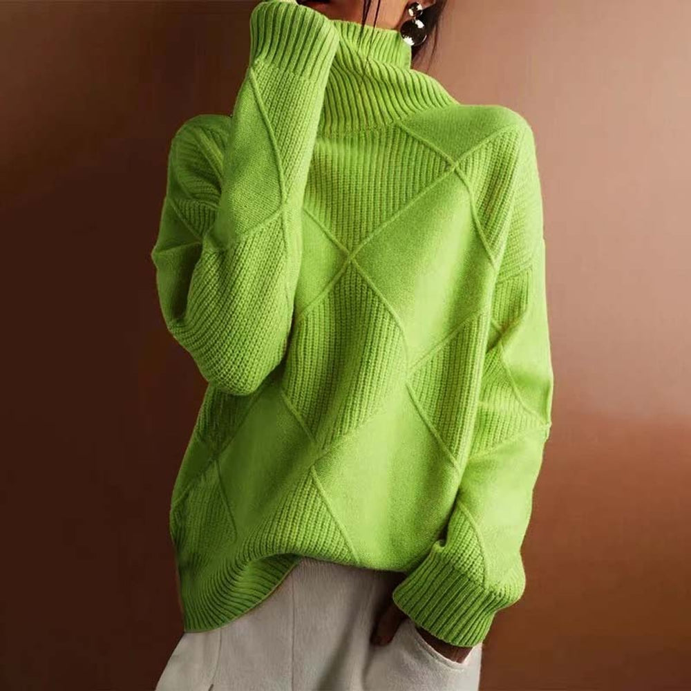 Women's Argyle Knit Turtleneck Sweater Relaxed Pullover