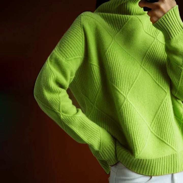 Women's Argyle Knit Turtleneck Sweater Relaxed Pullover