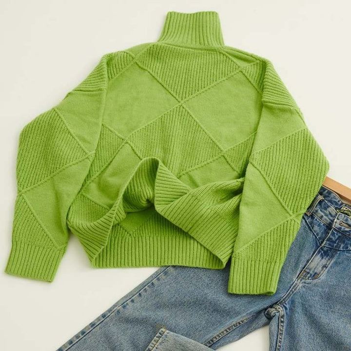 Women's Argyle Knit Turtleneck Sweater Relaxed Pullover