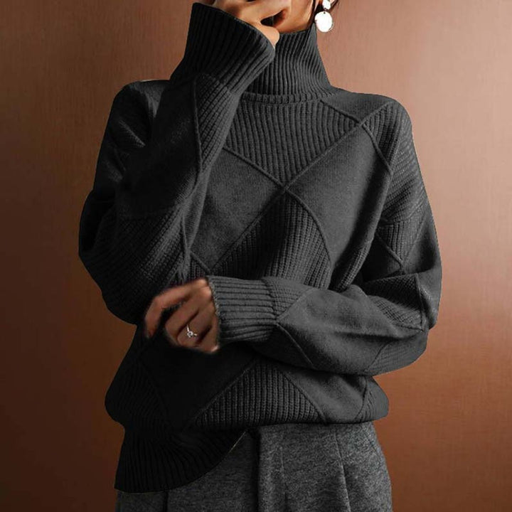 Women's Argyle Knit Turtleneck Sweater Relaxed Pullover - Black
