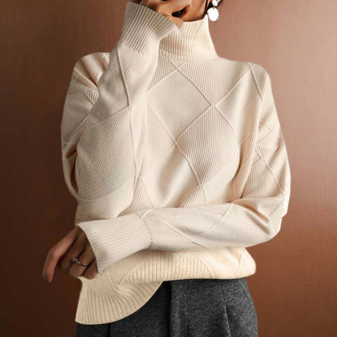 Women's Argyle Knit Turtleneck Sweater Relaxed Pullover - Beige