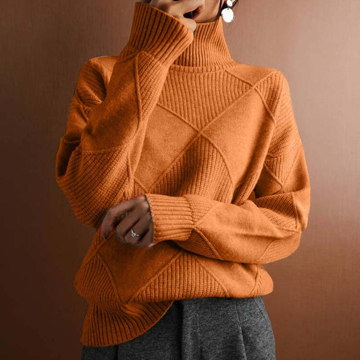 Women's Argyle Knit Turtleneck Sweater Relaxed Pullover - Orange