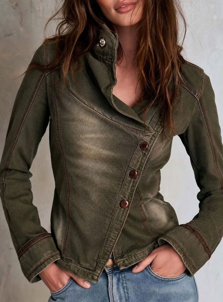 Women's Asymmetrical Button Front Washed Denim Jacket - Olive Green