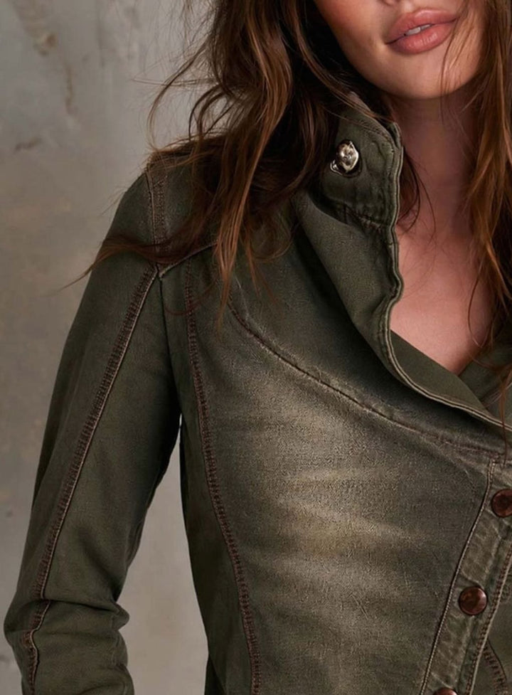 Women's Asymmetrical Button Front Washed Denim Jacket