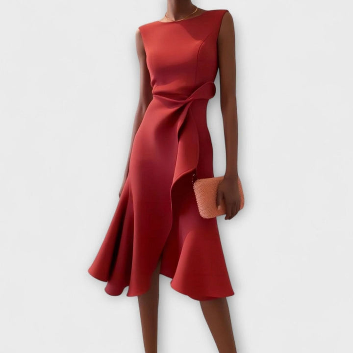 Women's Asymmetrical Drape Sleeveless Flared Midi Dress - Red