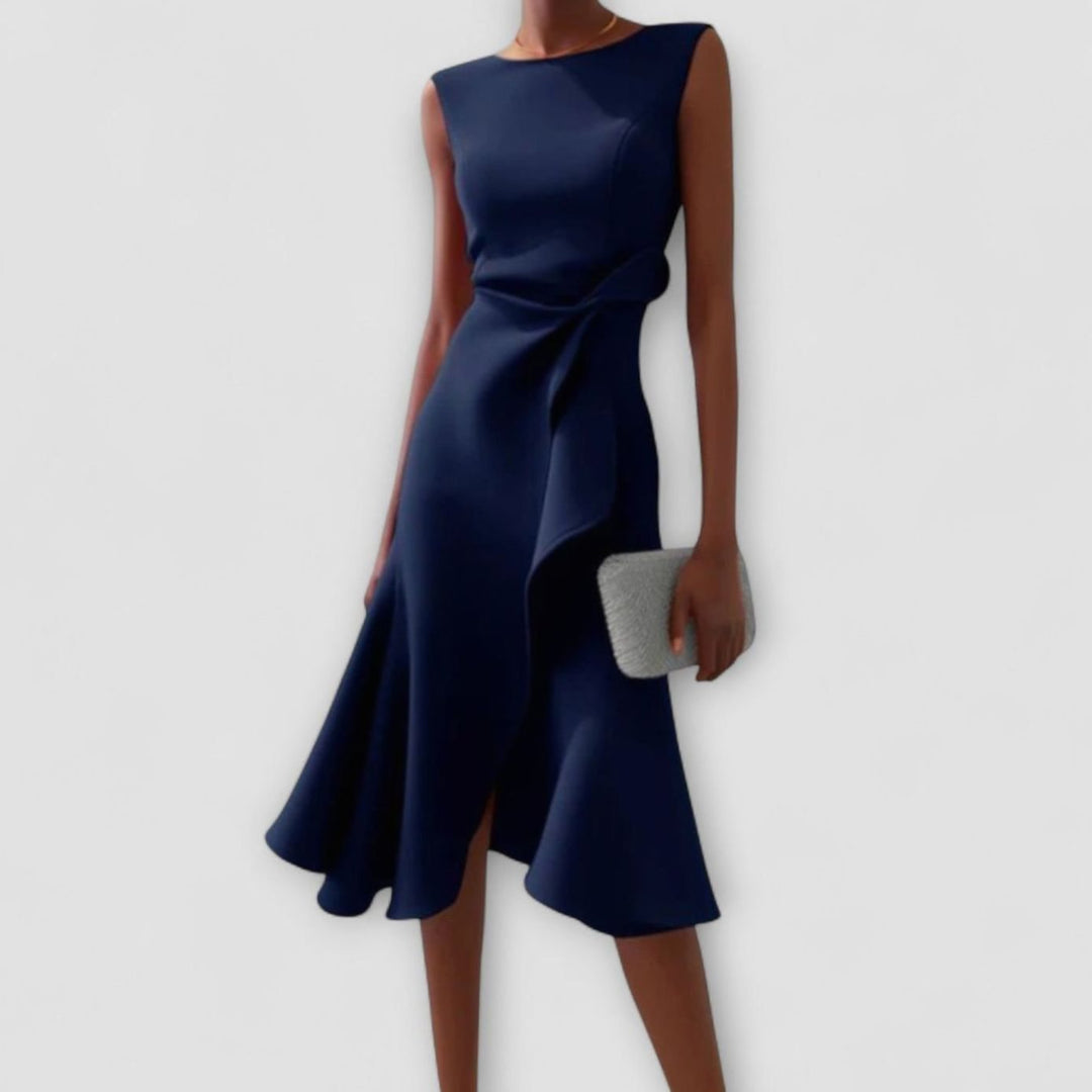 Women's Asymmetrical Drape Sleeveless Flared Midi Dress - Navy Blue