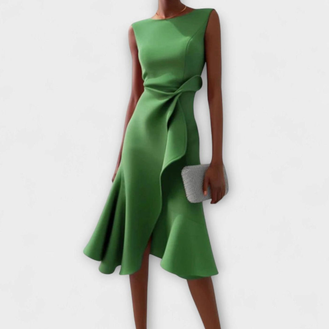 Women's Asymmetrical Drape Sleeveless Flared Midi Dress - Green