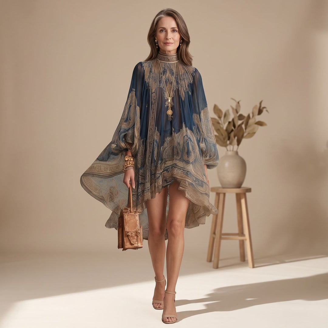 Women's Baroque Print High-Neck Long-Sleeve Mini Dress - Navy