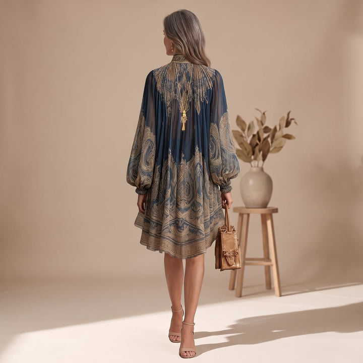 Women's Baroque Print High-Neck Long-Sleeve Mini Dress
