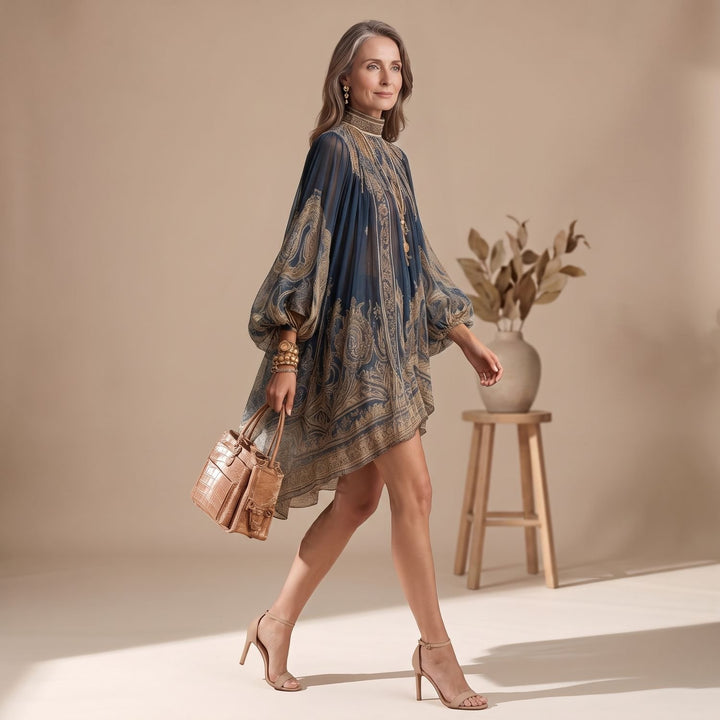 Women's Baroque Print High-Neck Long-Sleeve Mini Dress