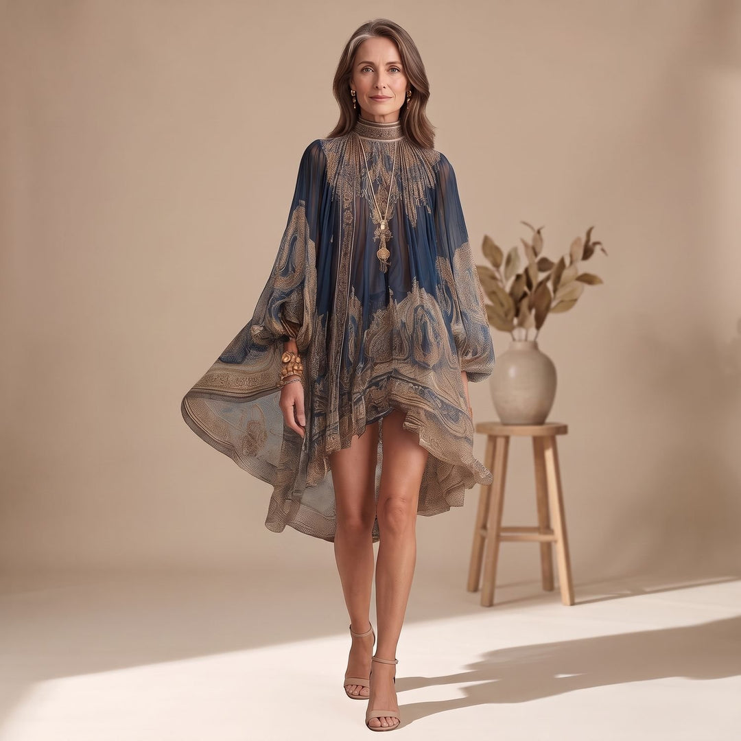 Women's Baroque Print High-Neck Long-Sleeve Mini Dress