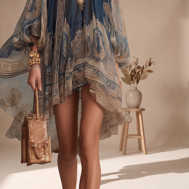 Women's Baroque Print High-Neck Long-Sleeve Mini Dress