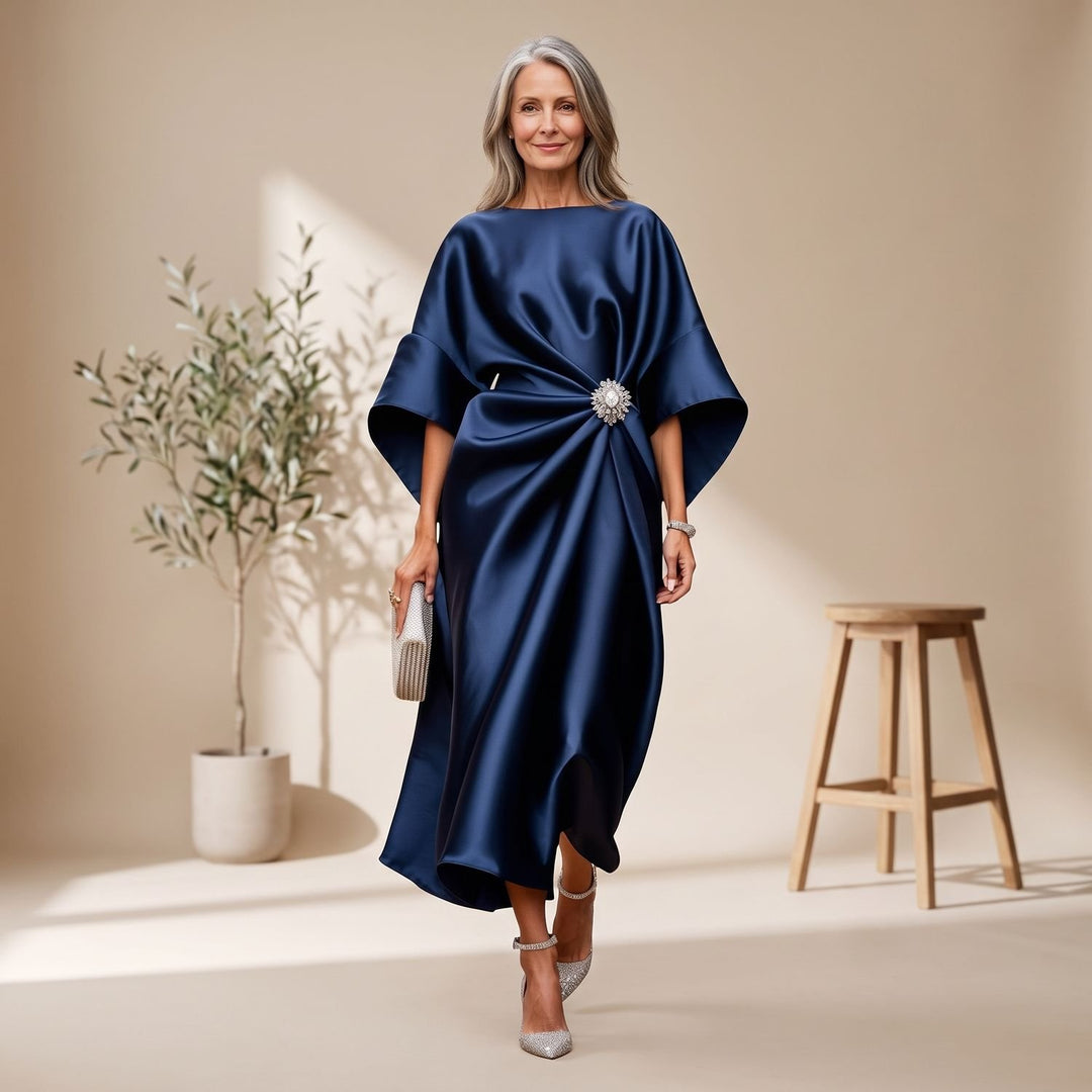Women's Batwing-Sleeve Brooch-Waist Satin Maxi Dress - Navy Blue