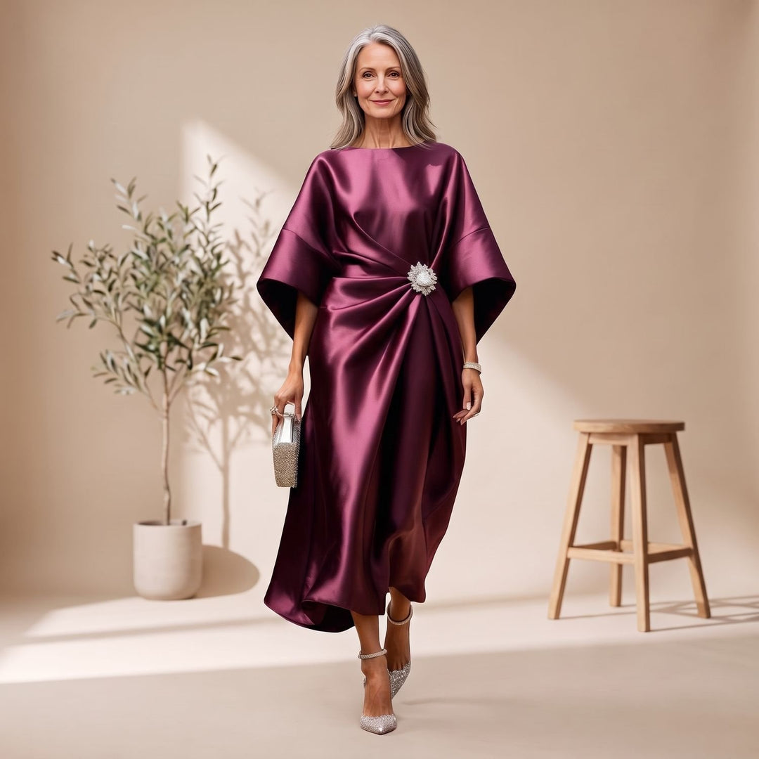 Women's Batwing-Sleeve Brooch-Waist Satin Maxi Dress - Red