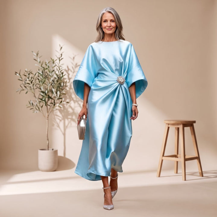 Women's Batwing-Sleeve Brooch-Waist Satin Maxi Dress - Light Blue