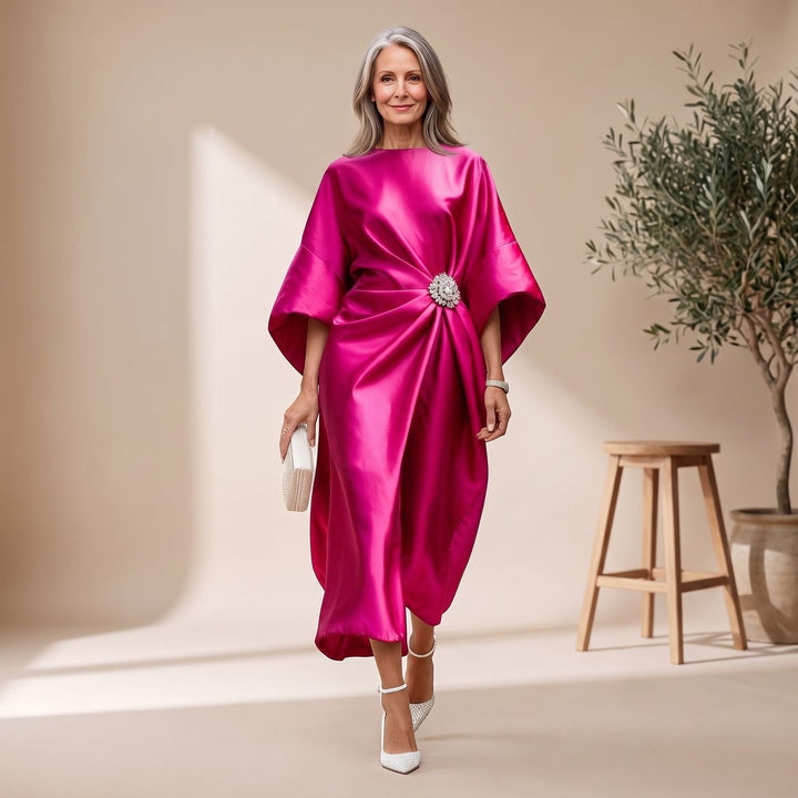 Women's Batwing-Sleeve Brooch-Waist Satin Maxi Dress - Pink