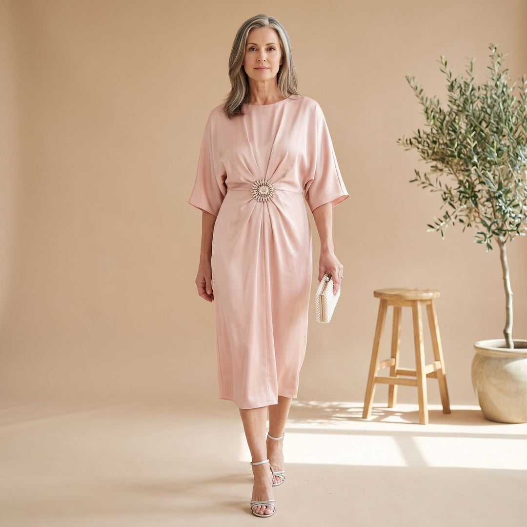 Women's Batwing-Sleeve Brooch-Waist Satin Maxi Dress - Beige