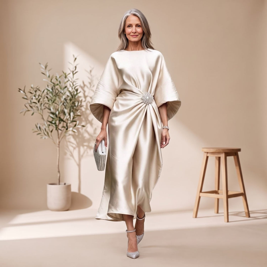 Women's Batwing-Sleeve Brooch-Waist Satin Maxi Dress - Khaki