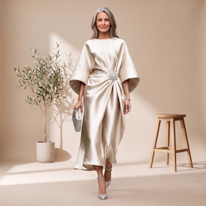 Women's Batwing-Sleeve Brooch-Waist Satin Maxi Dress - Khaki