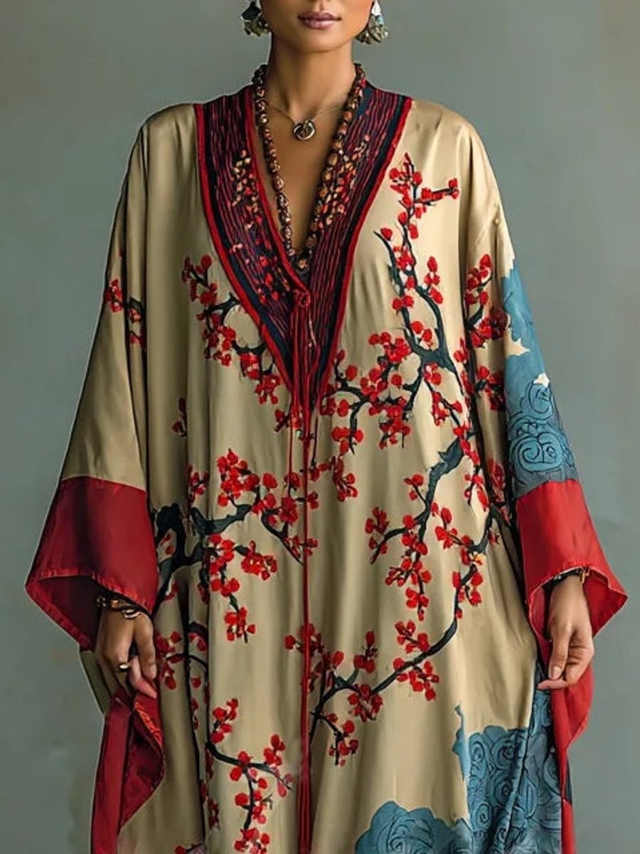 Women's Batwing Sleeve Floral Maxi Long Sleeve Dress Japanese Plum Print