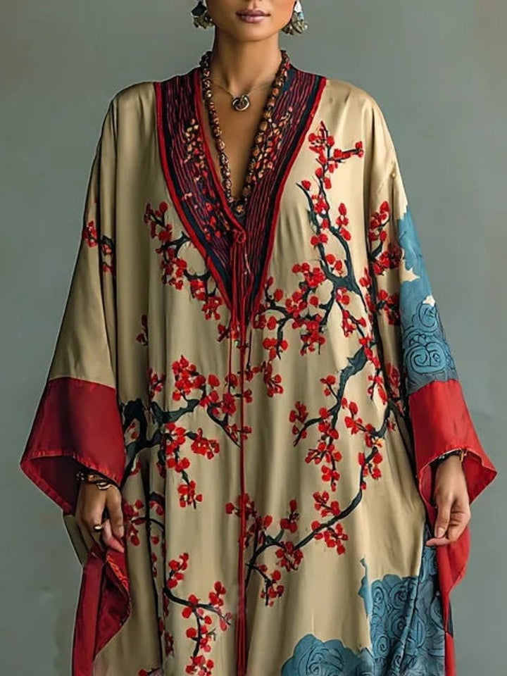 Women's Batwing Sleeve Floral Maxi Long Sleeve Dress Japanese Plum Print