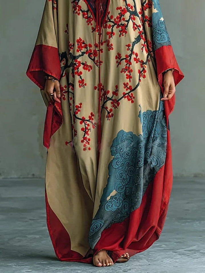 Women's Batwing Sleeve Floral Maxi Long Sleeve Dress Japanese Plum Print