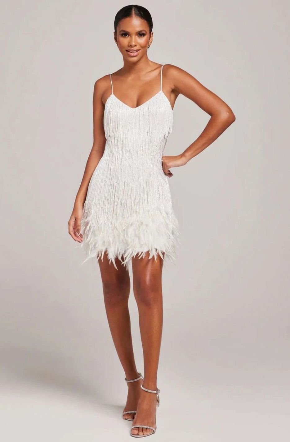 Women's Beaded Fringe Feather-Trim Spaghetti-Strap Mini Dress - White