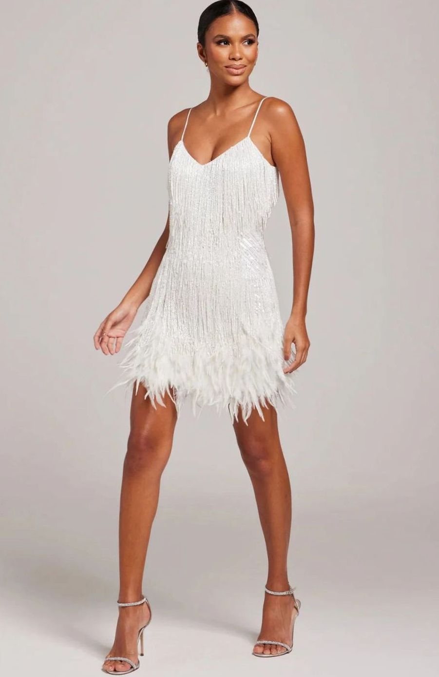 Women's Beaded Fringe Feather-Trim Spaghetti-Strap Mini Dress