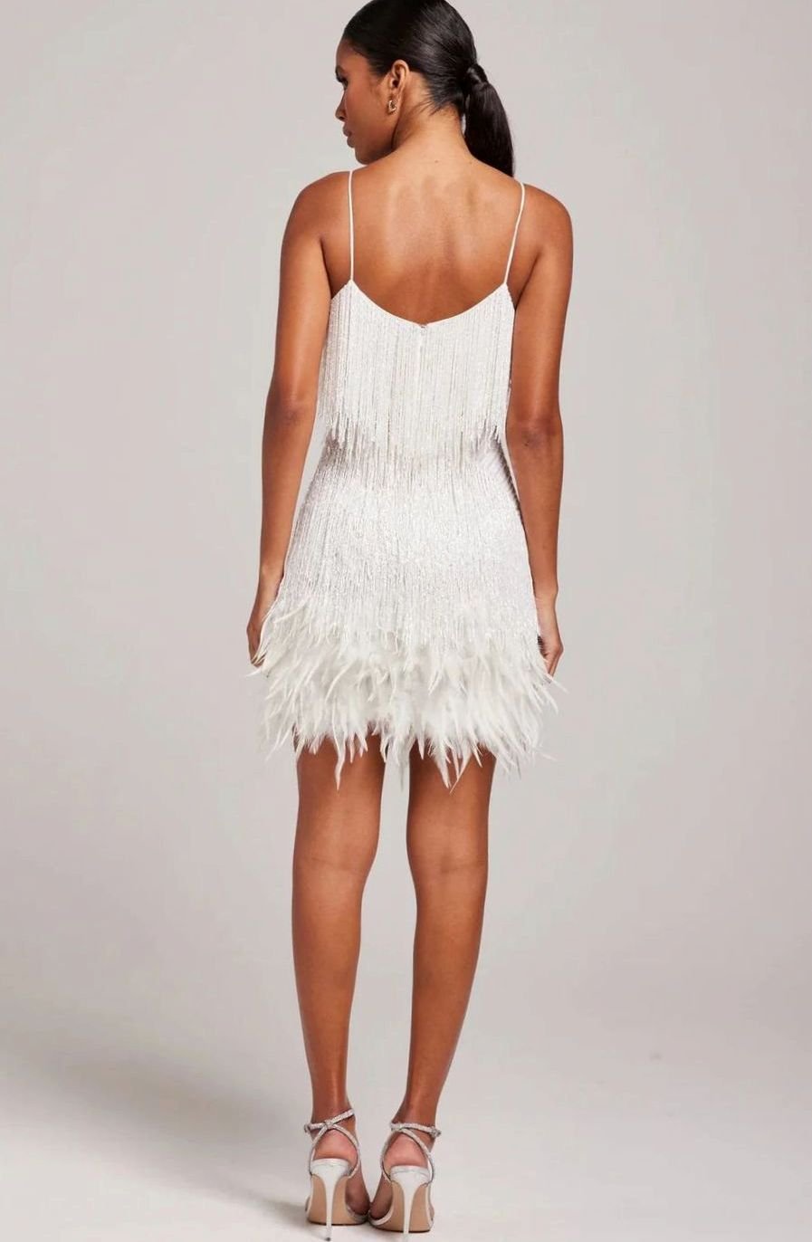 Women's Beaded Fringe Feather-Trim Spaghetti-Strap Mini Dress
