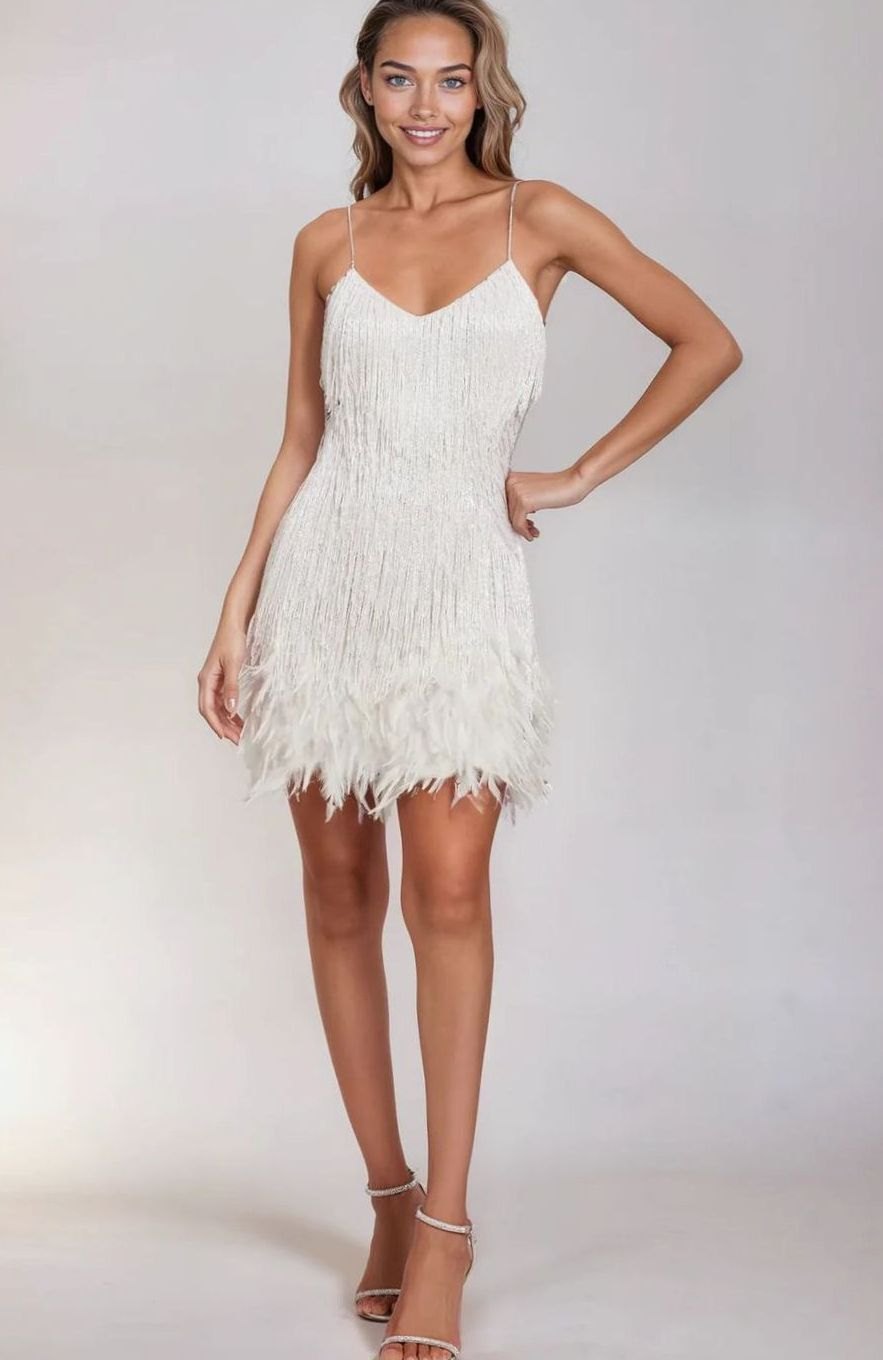 Women's Beaded Fringe Feather-Trim Spaghetti-Strap Mini Dress