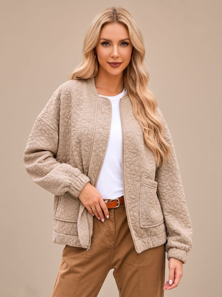 Women's Beige Quilted Zip-Up Bomber Jacket Front Pockets - Beige