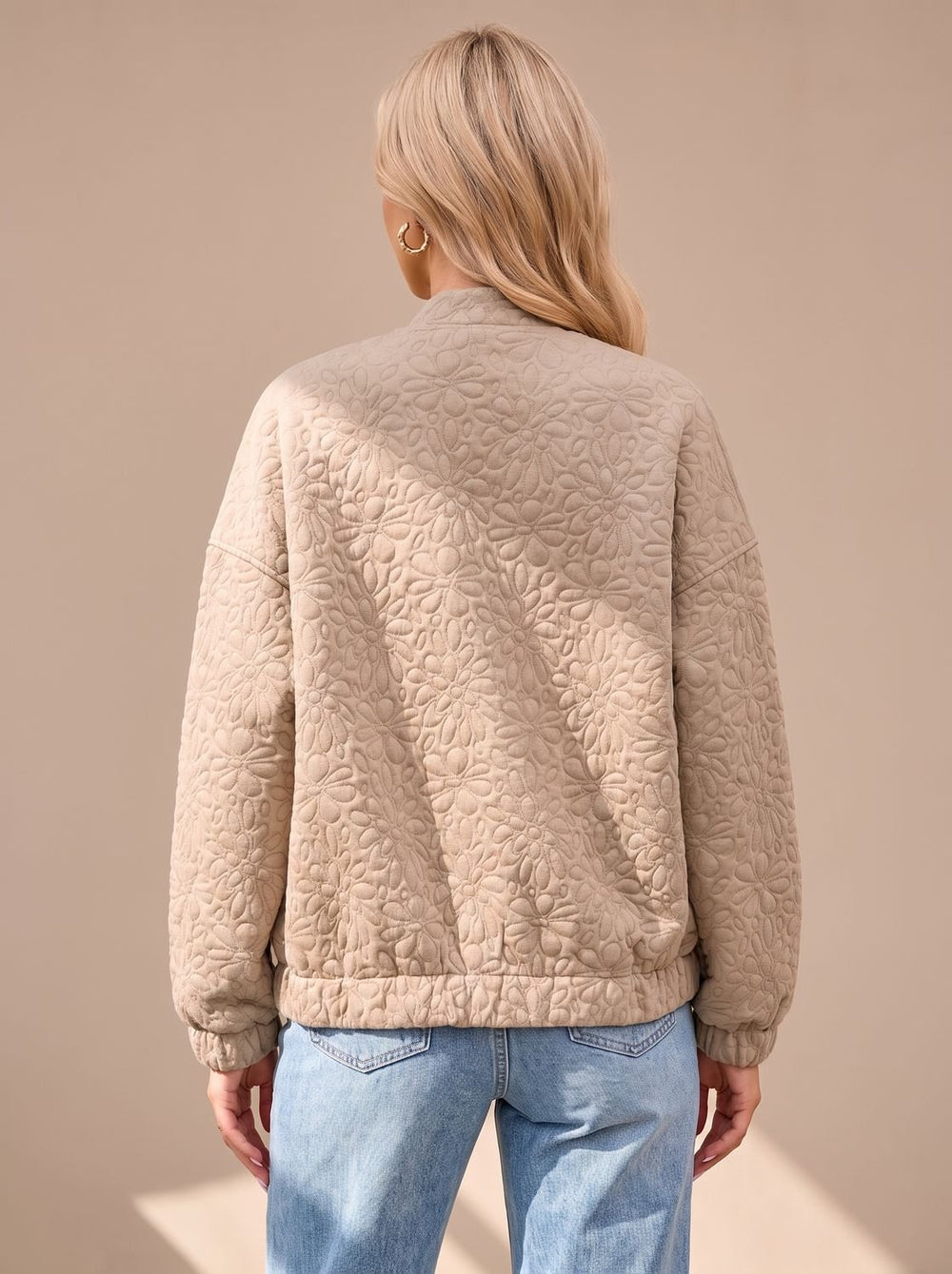 Women's Beige Quilted Zip-Up Bomber Jacket Front Pockets