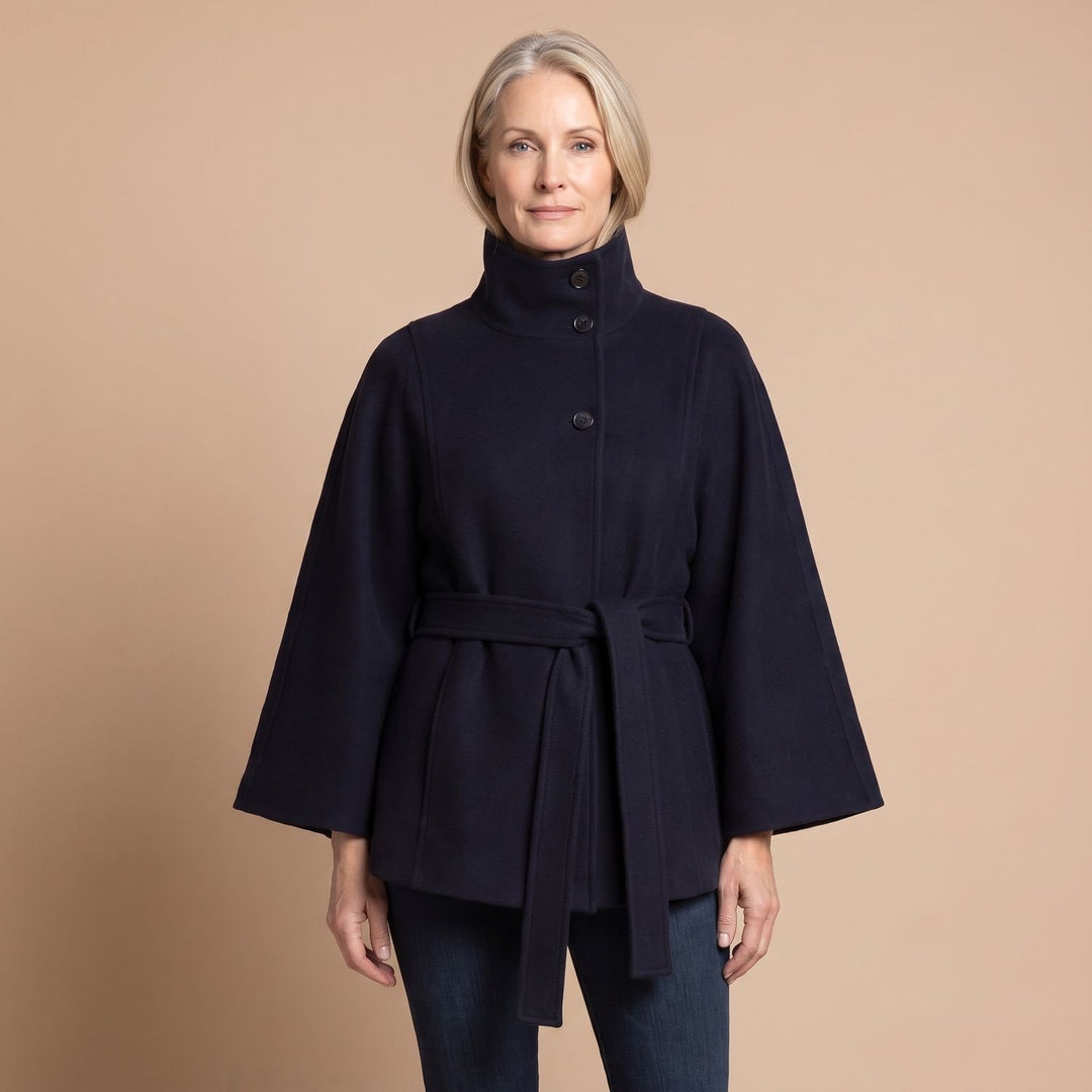 Women's Belted Cape-Style High-Collar Wool Coat
