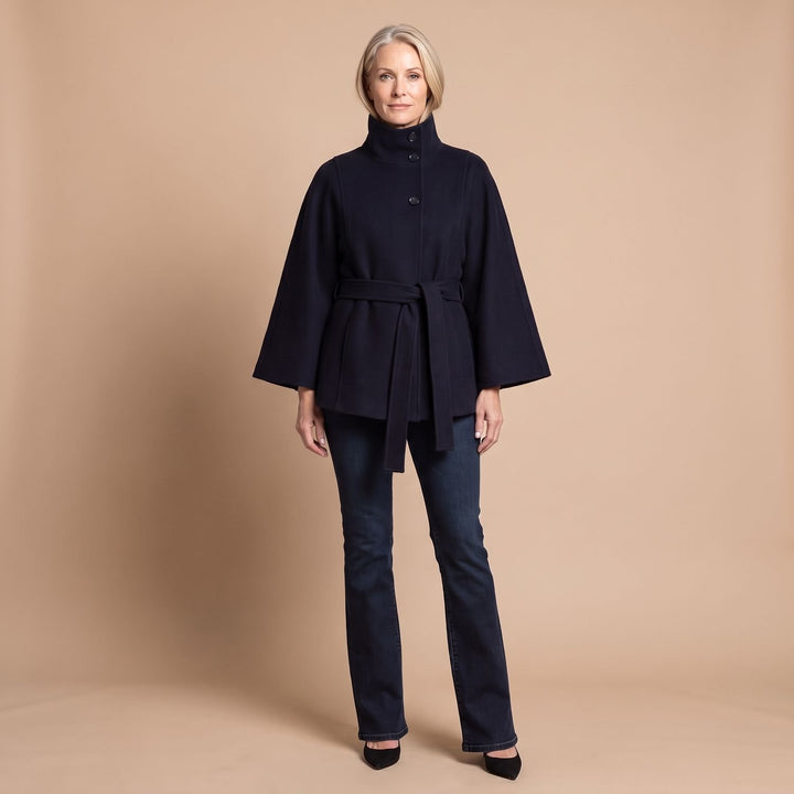 Women's Belted Cape-Style High-Collar Wool Coat