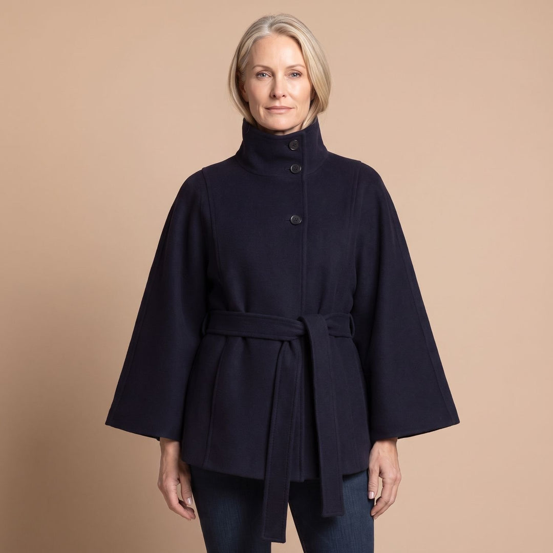 Women's Belted Cape-Style High-Collar Wool Coat
