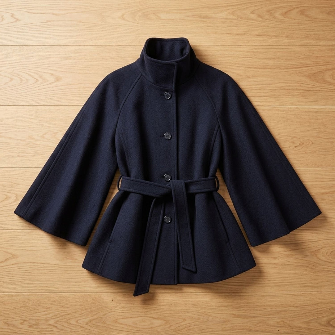 Women's Belted Cape-Style High-Collar Wool Coat