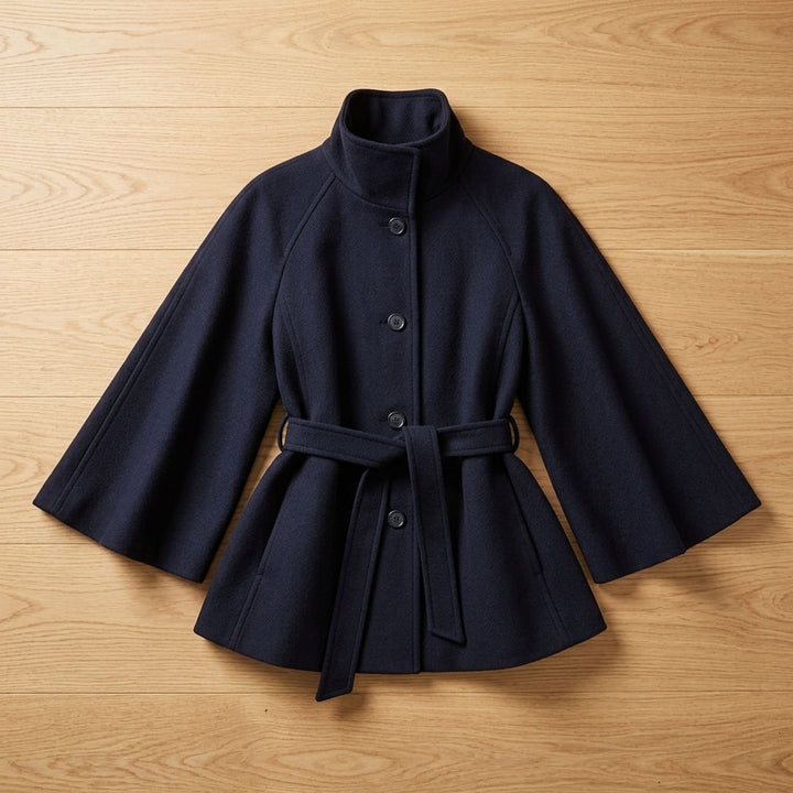 Women's Belted Cape-Style High-Collar Wool Coat
