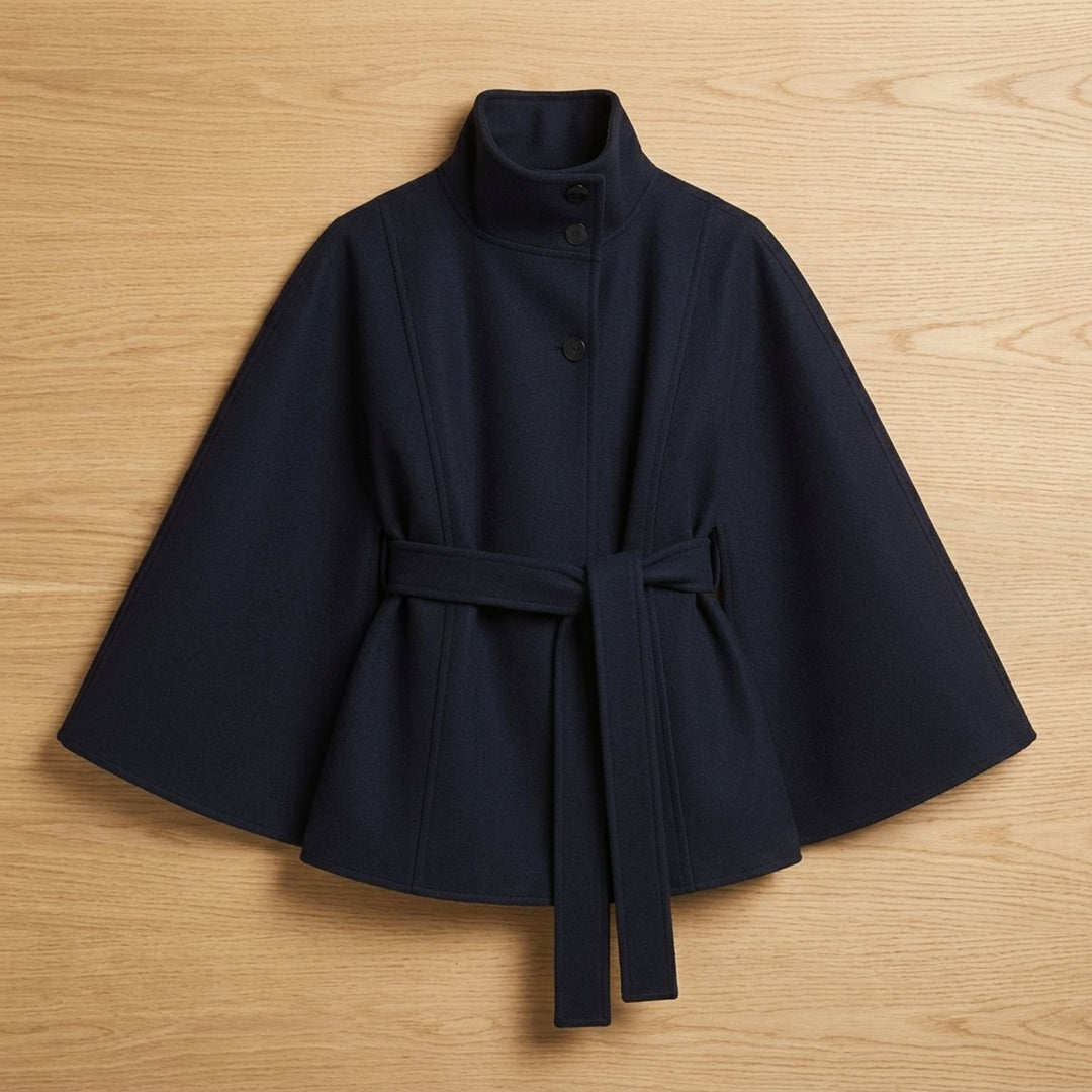 Women's Belted Cape-Style High-Collar Wool Coat - Navy Blue