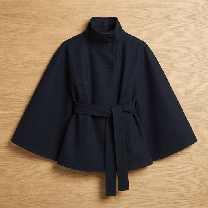 Women's Belted Cape-Style High-Collar Wool Coat - Navy Blue