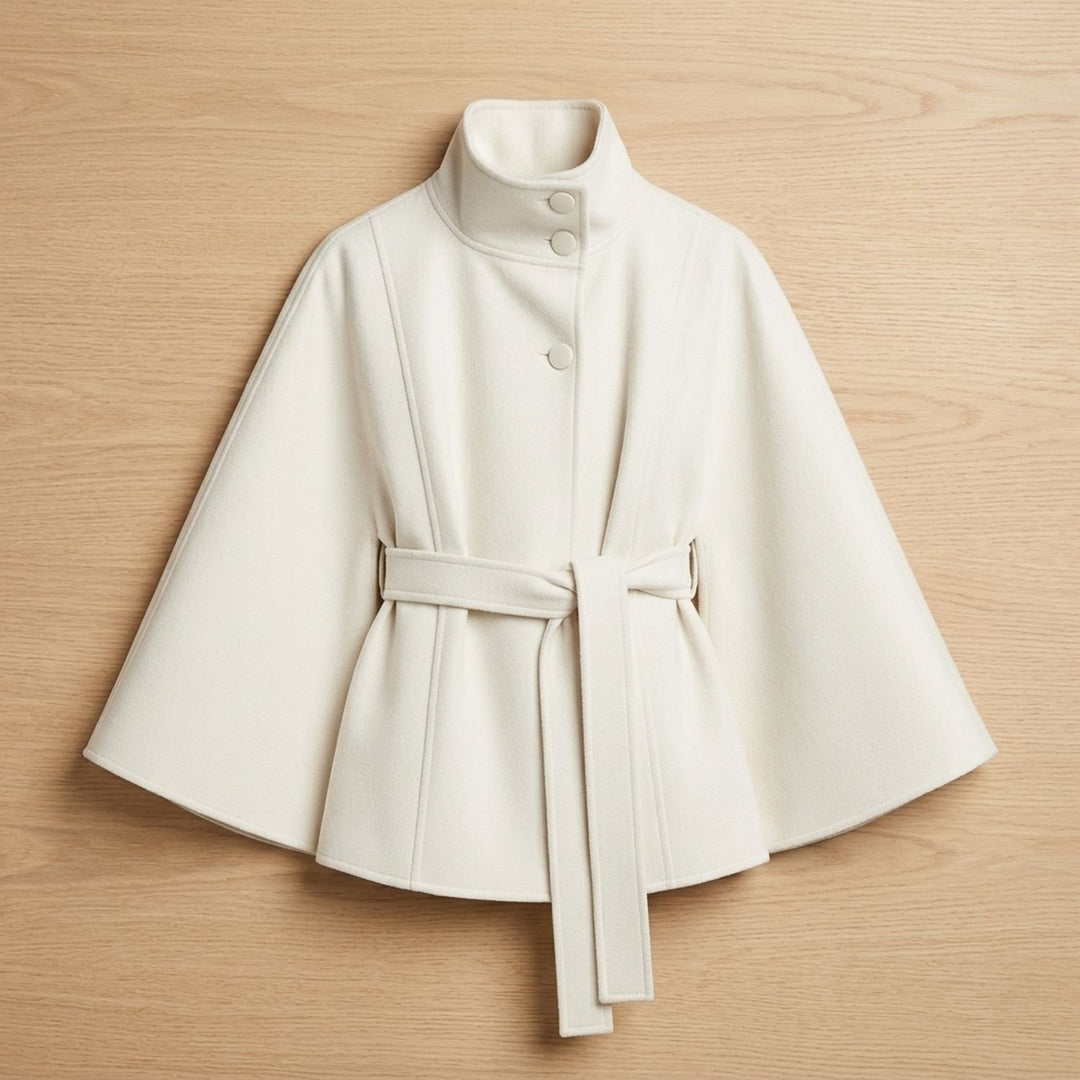 Women's Belted Cape-Style High-Collar Wool Coat - White