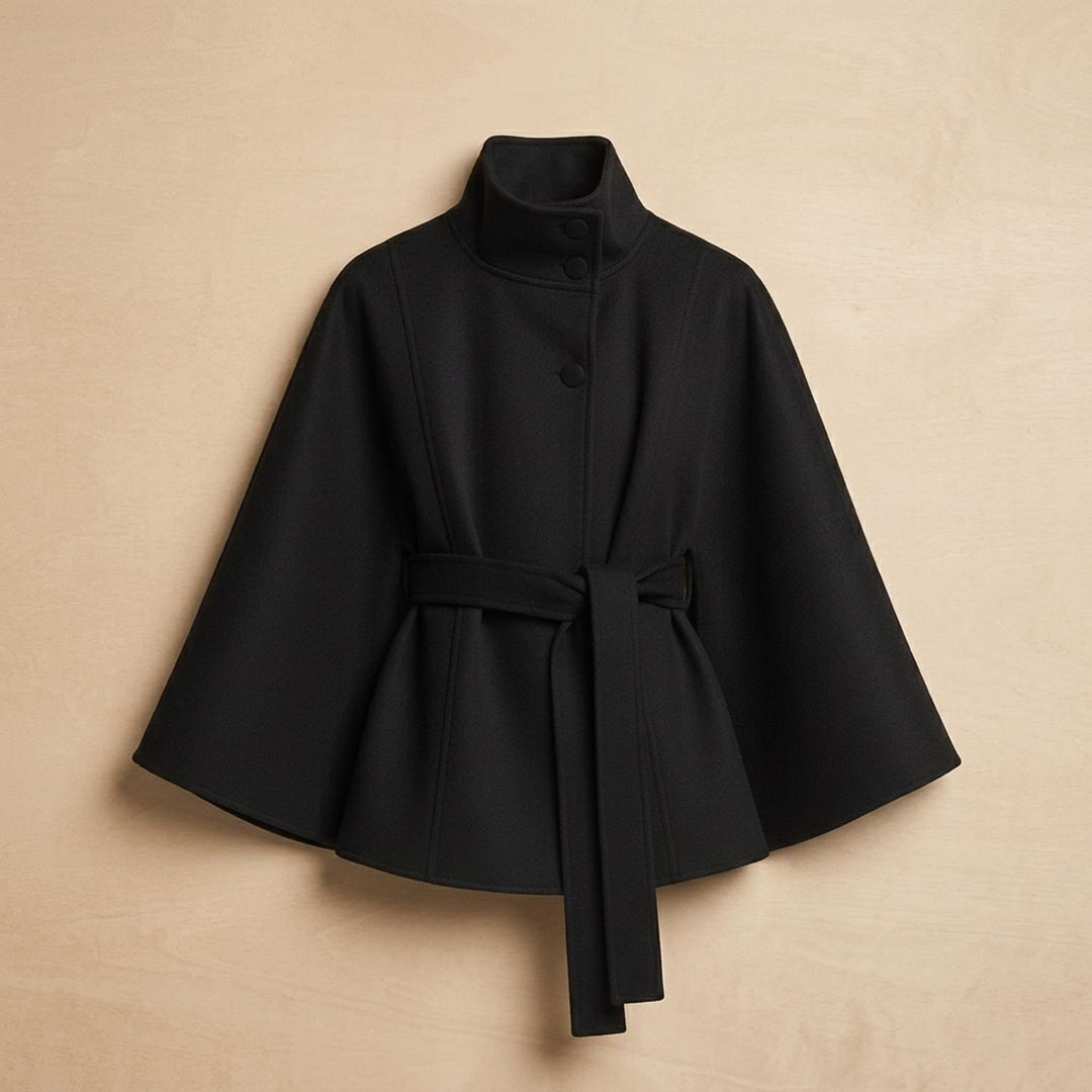 Women's Belted Cape-Style High-Collar Wool Coat - Black