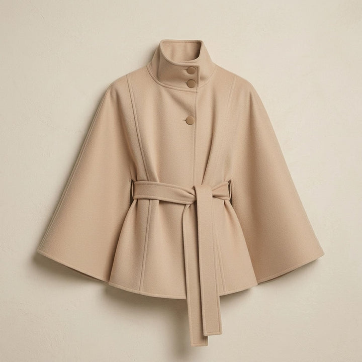Women's Belted Cape-Style High-Collar Wool Coat - Khaki