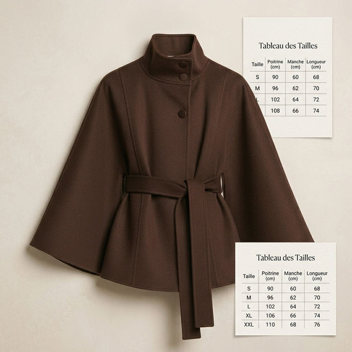 Women's Belted Cape-Style High-Collar Wool Coat - Coffee