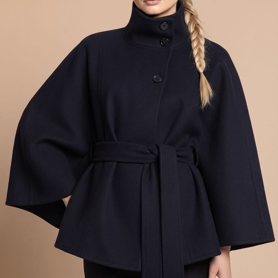 Women's Belted Cape-Style High-Collar Wool Coat