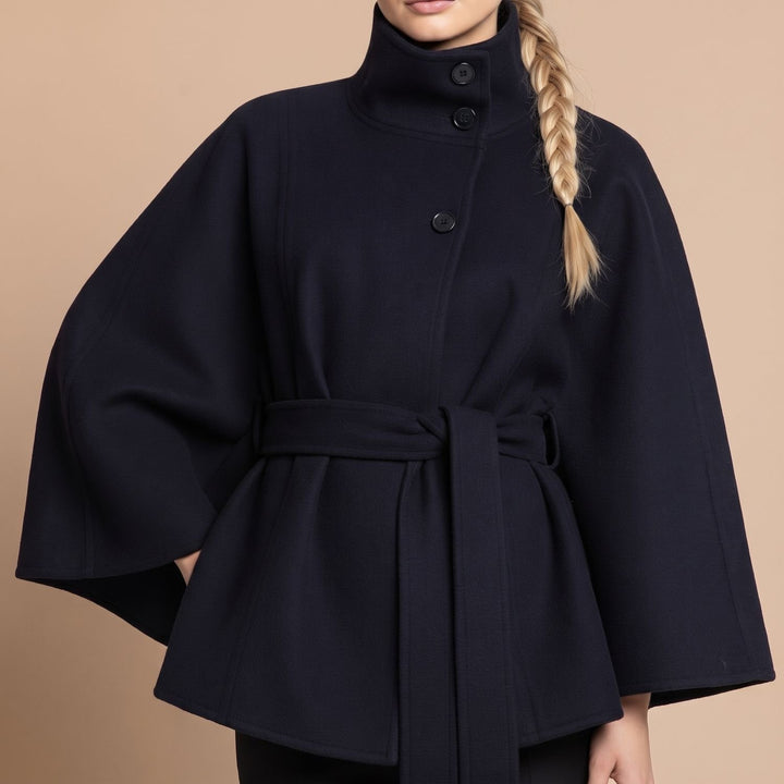 Women's Belted Cape-Style High-Collar Wool Coat