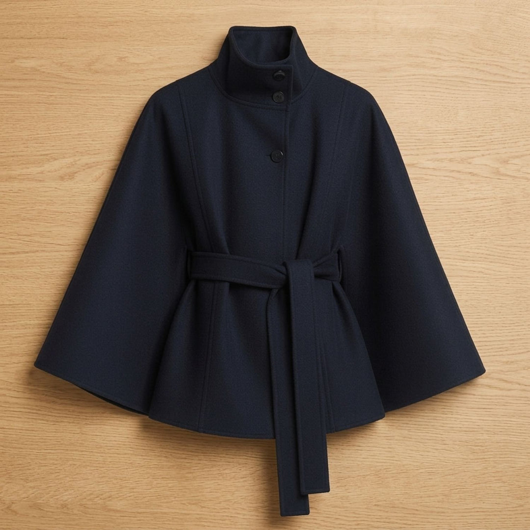 Women's Belted Cape-Style High-Collar Wool Coat